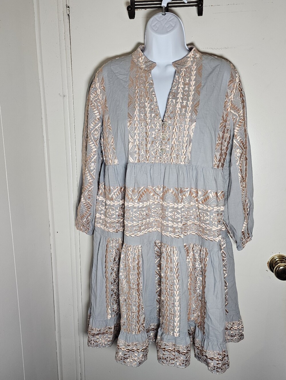Greek Archaic Kori Embroidered Tiered Boho Dress L